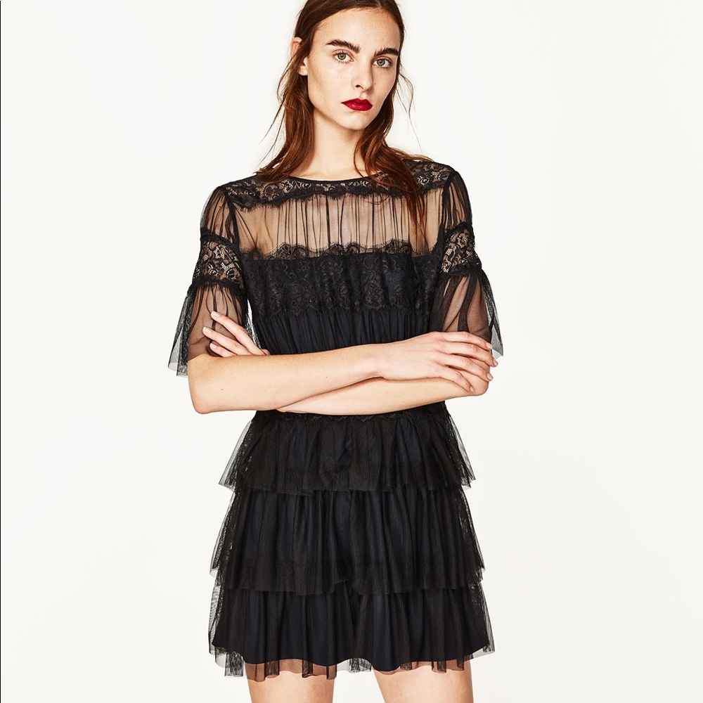 Zara Black Lace & Tulle Dress NWT